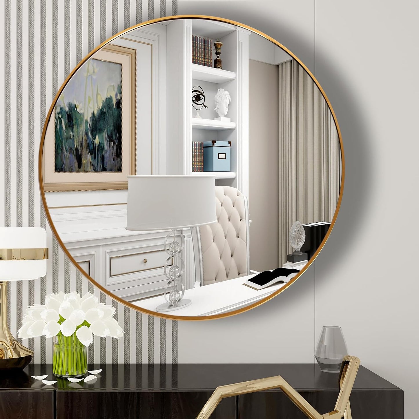 19.7'' round Bathroom Mirror,Gold Wall Mounted Circle Mirror,Modern Brushed Brass Metal Frame Circular Mirror for Wall Decor,Vanity,Living Room,Bedroom