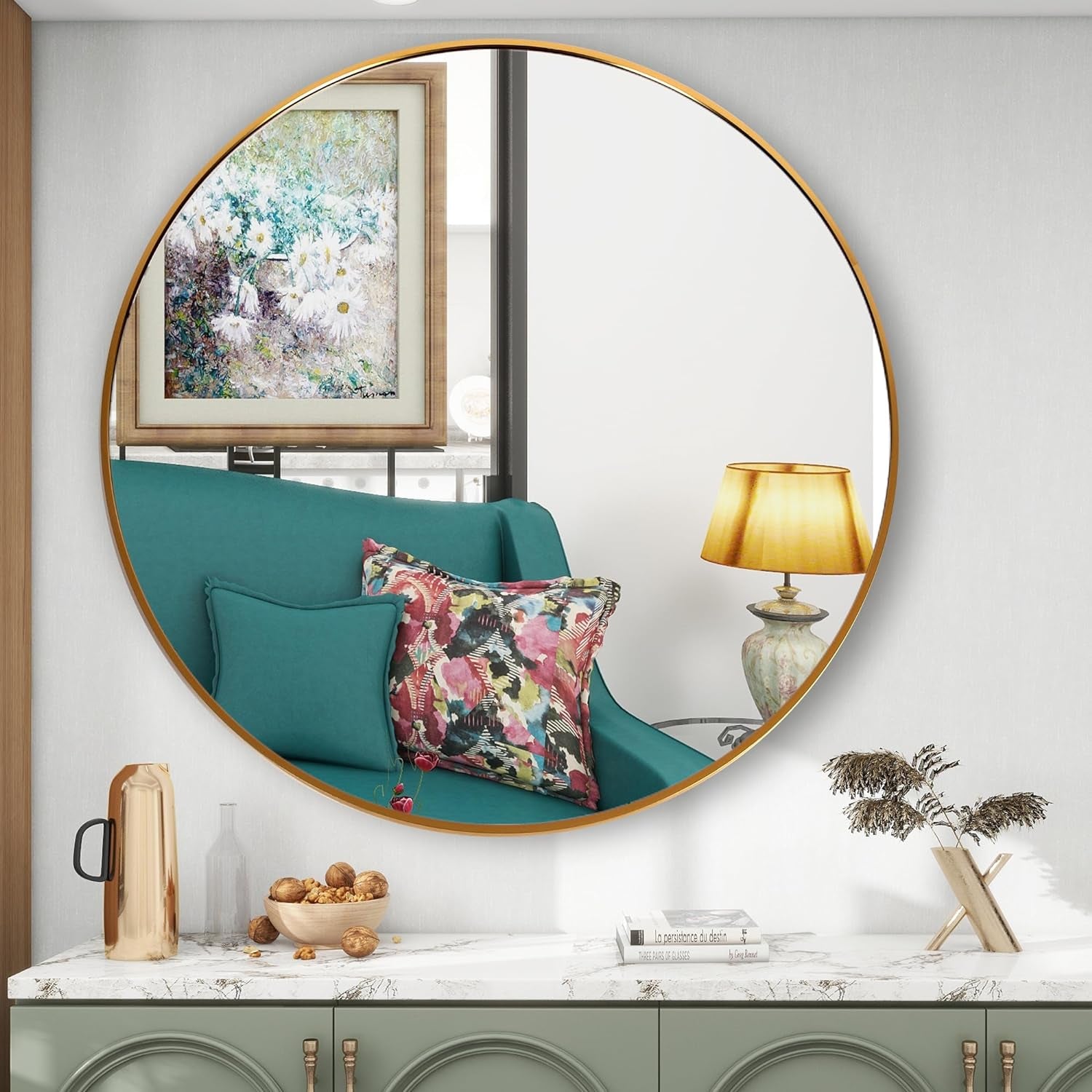 19.7'' round Bathroom Mirror,Gold Wall Mounted Circle Mirror,Modern Brushed Brass Metal Frame Circular Mirror for Wall Decor,Vanity,Living Room,Bedroom