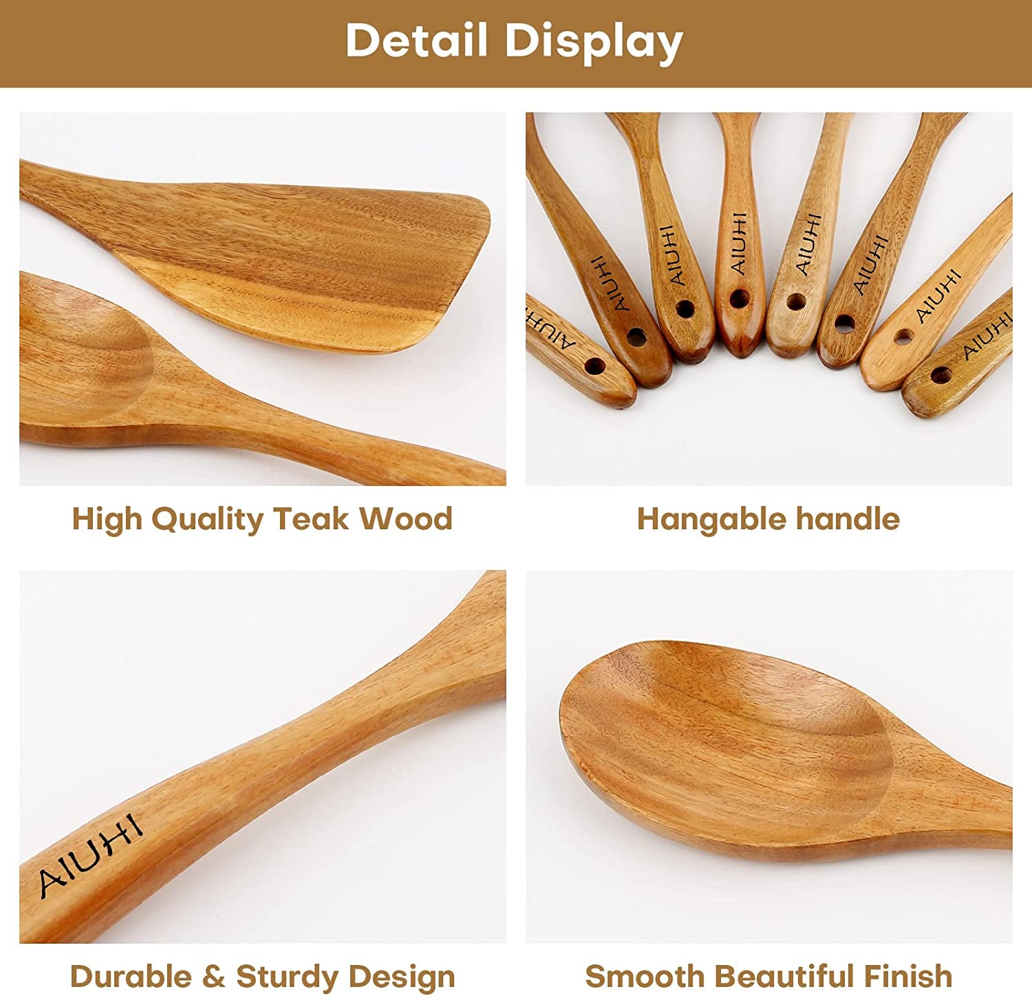 Wooden Spoons for Cooking,Nonstick Kitchen Utensil Set,Wooden Spoons Cooking Utensil Set Non Scratch Natural Teak Wooden Utensils for Cooking(Teak 8 Pack)